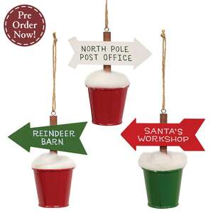 North Pole Arrow in Snowy Bucket Ornament - 3 Asstd.