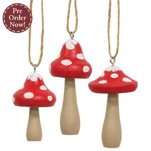 3 Set - Snowy Red-Capped Wooden Mushroom Ornaments