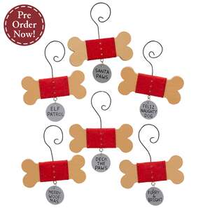 Wooden Dog Bone with Tag Ornament - 6 Asstd.