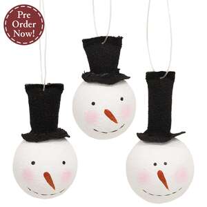 3 Set - Smiling Wooden Snowman Ornaments with Tophats