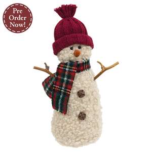 Burgundy Hat Snowman with Green & Red Plaid Scarf - 9.5"H