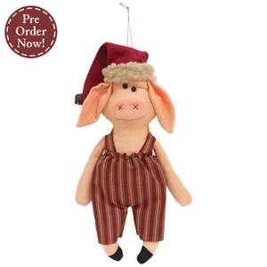 Stuffed Santa Pig In Ticking Stripe Overalls Hanger