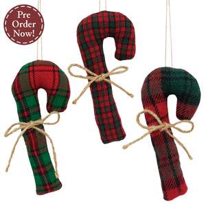 Stuffed Red & Green Plaid Candy Cane - 6.5"H - 3 Asstd.