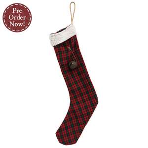 Red & Green Plaid Stocking with Jingle Bell - 14" ;