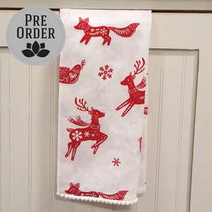 Yuletide Forest Folklore Dish Towel w/White Pom Poms 19547;