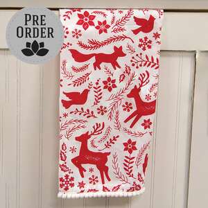 Yuletide Forest & Floral Folklore Dish Towel w/White Pom Poms 19549;