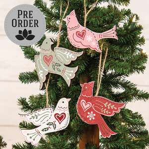 Wooden Yuletide Folklore Bird Ornaments, 4/Set 38654;