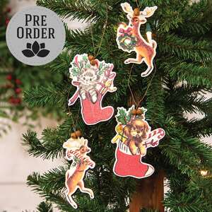 Retro Look Wooden Puppy, Kitten, & Reindeer Ornaments, 4/Set 38676;