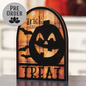 Trick Or Treat Silhouette Plaid Background Wooden Sitter 38723;