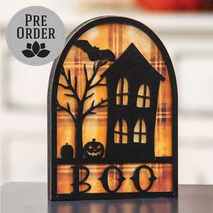 Boo & Spooky House Silhouette Plaid Background Wooden Sitter 38724;