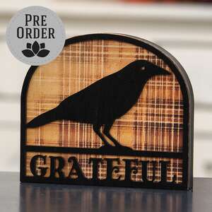 Grateful Crow Silhouette Plaid Background Wooden Sitter 38725;