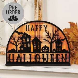 Happy Halloween Spooky Village Plaid Background Sign on Base 38726;