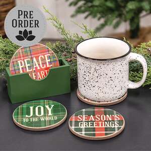 Wooden Plaid Christmas Coasters with Holder, 5/Set;