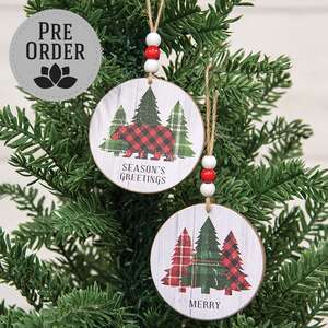 Season's Greetings Plaid Woodland Round Ornament, 2 Asstd. 38878;