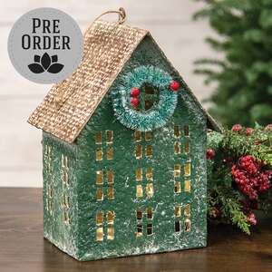 Distressed Green Metal Winter Birdhouse with Wreath 60518;