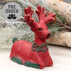Distressed Cement Red & Green Deer Sitter 60528;