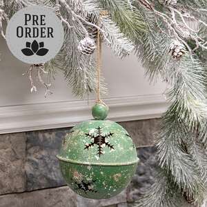 Gleaming Distressed Green Metal Snowflake Jingle Bell, 5" x 7.25" 60533Gleaming Distressed Green Metal Snowflake Jingle Bell, 5" x 7.25" 60533;