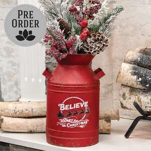 Distressed Red Metal Believe Santa & Reindeer Milk Can 70214;