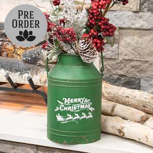 Distressed Green Metal Merry Christmas Santa & Reindeer Milk Can 70215;