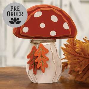 Distressed Chunky Wooden Mushroom w/Leaves Sitter 91181;