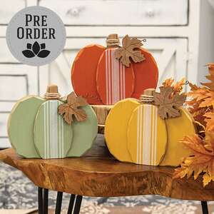 Distressed Chunky Wooden Feed Sack Stripe Pumpkin w/Leaves Sitter, 3 Asstd. 91182;