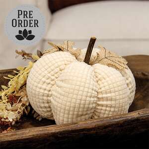 Ivory Waffle Weave Pumpkin w/Burlap Leaves, 7" Dia. CS39111;