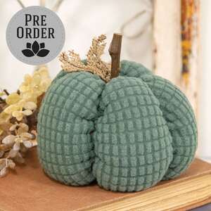 Teal Waffle Weave Pumpkin w/Burlap Leaves, 5" Dia. JL24038;