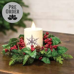 Shimmering Holly Pine & Berries Candle Ring, 2" SA112608;