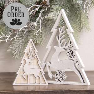 White Glitter Deer & Christmas Tree Sitters, 2/Set 38773;