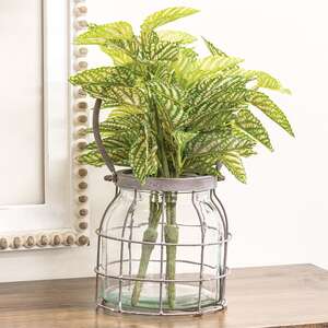 Glass Jar In Graywashed Metal Carrier, 6.75" Dia. x 7"H QX19354G;