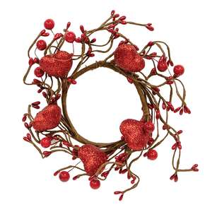 Red Glitter Heart & Berries Candle Ring - 3.5" 18452;