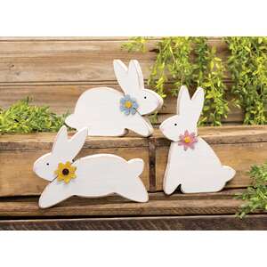 Distressed White Wood Flower Bunny - 3 Asstd.