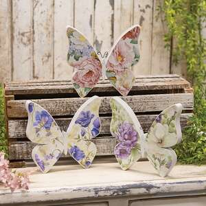 Wooden Vintage Floral Butterfly Sitter - 3 Asstd.