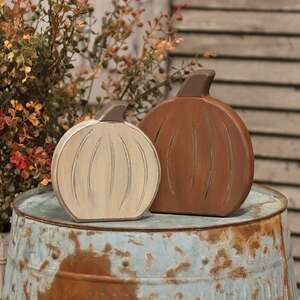 2 Set, Engraved Distressed Wooden Pumpkin Sitters