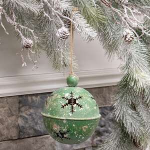 Gleaming Distressed Green Metal Snowflake Jingle Bell, 5" x 7.25" 60533Gleaming Distressed Green Metal Snowflake Jingle Bell, 5" x 7.25" 60533;