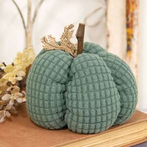 Teal Waffle Weave Pumpkin w/Burlap Leaves, 5" Dia. JL24038;