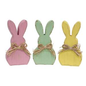 Distressed Chunky Wooden Pastel Bunny Sitter w/Raffia Bow, 3 Asstd. 91173;