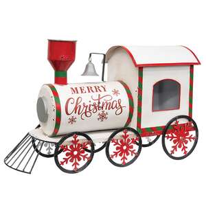 All aboard the Merry Christmas Train! This vintage-inspired metal train boasts classic white, red, and green Christmas colors and reads, "Merry Christmas" in red lettering. The train engine measures 15.75" high by 8.75" wide by 26" long.;