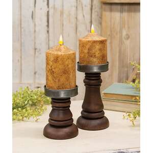 2 Set - Walnut Stained Wood & Metal Pillar Holders