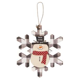 Buffalo Check Snowman Snowflake Sayings Ornament, 3 Asstd.