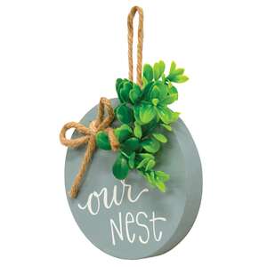 Our Nest Round Sign Ornament w/Greenery, 3 Asstd.