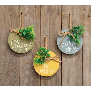 Our Nest Round Sign Ornament w/Greenery, 3 Asstd.