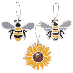 3/Set, Bees & Sunflower Wooden Ornaments