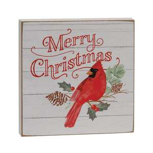 Merry Christmas Cardinal & Holly Square Block Sign 37963;