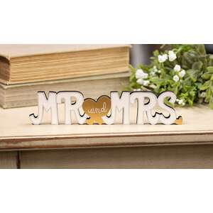 Mr. and Mrs. Wooden Cutout Sitter with Gold Hearts