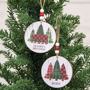 Season's Greetings Plaid Woodland Round Ornament, 2 Asstd. 38878;