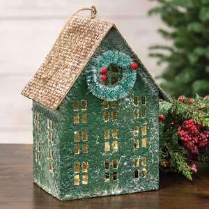 Distressed Green Metal Winter Birdhouse with Wreath 60518;