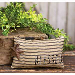 Blessed Ticking Stripe Pillow Ornament w/Rusty Star