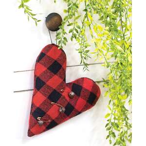 Felt Red & Black Buffalo Check Heart Pillow Ornament w/Rusty Jingle Bells