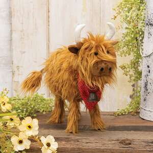 Fluffy Highland Cow with Bandana and Bell - 13"